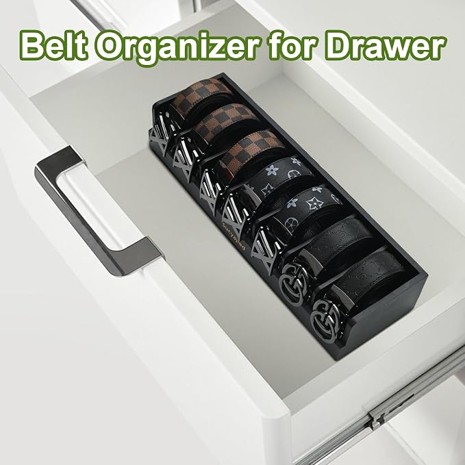 Belt Organizer, Black, 7 Compartments | Natural Bamboo Belt Storage Box, For Closet and Drawer, Belt Holder Case, For Belt and Tie , For Men & Women
