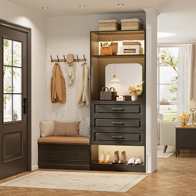 Unikito 25”Freestanding Closet System with 3 Drawers, Organizer Wardrobe with Storage Shelves and Mirror, Sturdy Wood Walk-in Organizer Systems for Small Closets, 25" W x 16" D x 80" H, Black