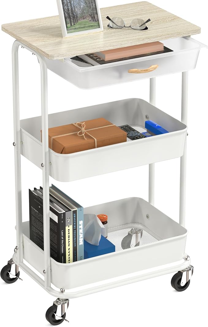 Simple Houseware 3-Tier Rolling Utility Cart with Drawer & Wood Top, Maple | Mobile Sofa Side Table, Nightstand, Slim Storage Organizer Trolley for Bedroom, Bathroom, Office & Art Supplies