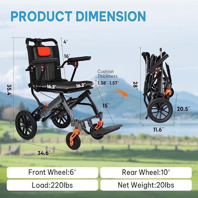 Carbon Fiber–Coated Wheelchairs for Adults, Transport Wheelchair Lightweight Foldable with Pull Rod, 10" Honeycomb Wheels, 16.2" Seat Width, 220 LBS Capacity, Includes Storage Bag