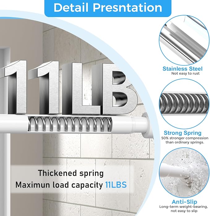 Shower Curtain Rod 31-63 Inch,7/8"Diameter Adjustable Spring Tension Curtain Rods No Drill,Ivory White Shower Tension Rod for Bathroom,Room Divider,Window,Anti-Rust Non-Slip 2-Pack
