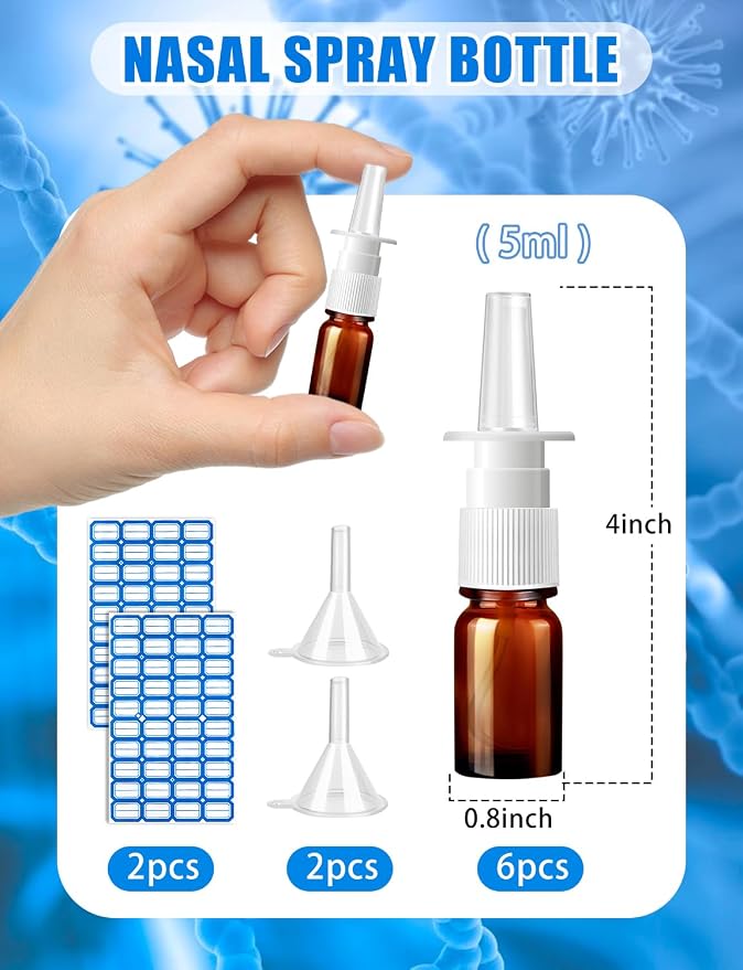 10 Pcs Nasal Spray Bottle, 5ML/0.17OZ 6 Pcs Brown Fine Mist Glass Empty Refillable Nasal Spray Bottle with 2 Funnels and 2 Labels