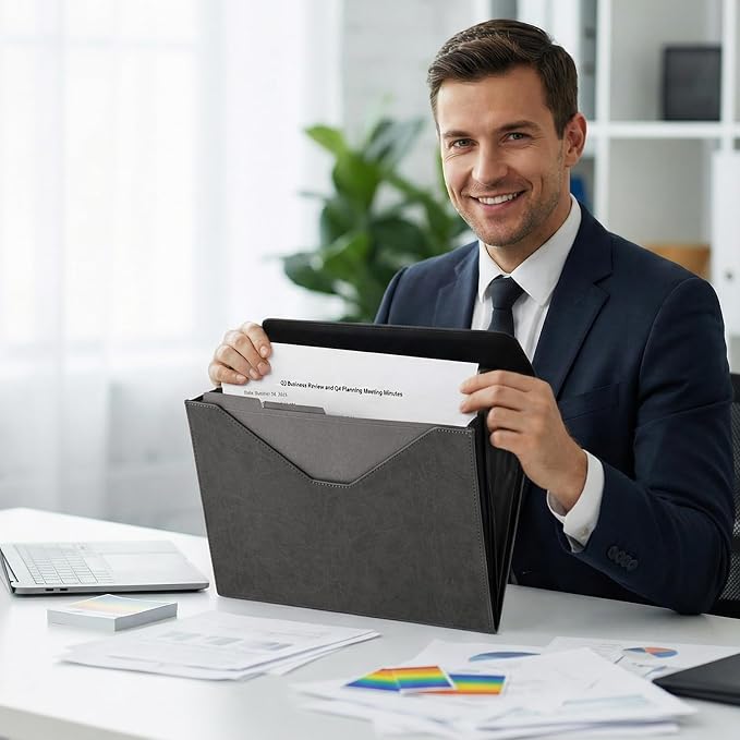 PU Leather Heavy-Duty Expanding File Folder, A5/US Letter Size Document Organizer with 8 Paper File Folder, 4-1/2 Inch Expansion, Grey – for Office, Auto Shop, School Paperwork.