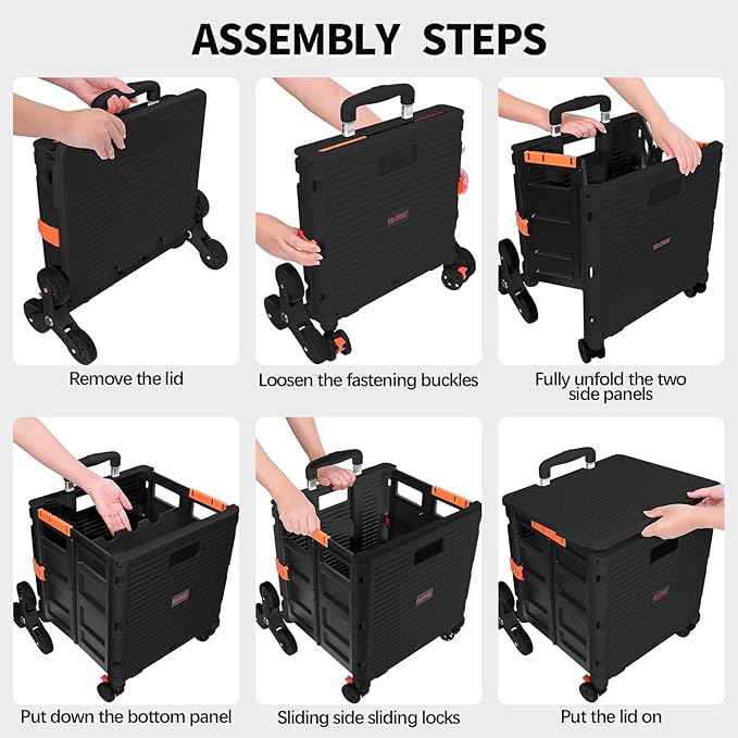 SELORSS Foldable Utility Cart Collapsible Crate Rolling Carts with Stair Climbing Wheels Rolling Tote Basket Teacher Cart with Lid Wear-Resistant 360°Rotate Wheel Noiseless for Moving Office-Black