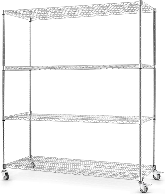 Rengue 60" W Storage Shelves with Wheels 4-Tier Heavy Duty Wire Shelving 72" H x 24" D Large Metal Storage Rack with Adjustable Garage & Pantry Shelves, 3200 LBS Commercial Grade, Chrome, Silver