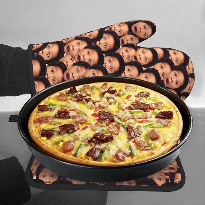 Custom Oven Mitts and Pot Holders Personalized with Your Face, Baking Gifts for Women for Kitchen Cooking, BBQ, Grillin-Style1, 1 Oven Mitts+ 1 Pot Holders