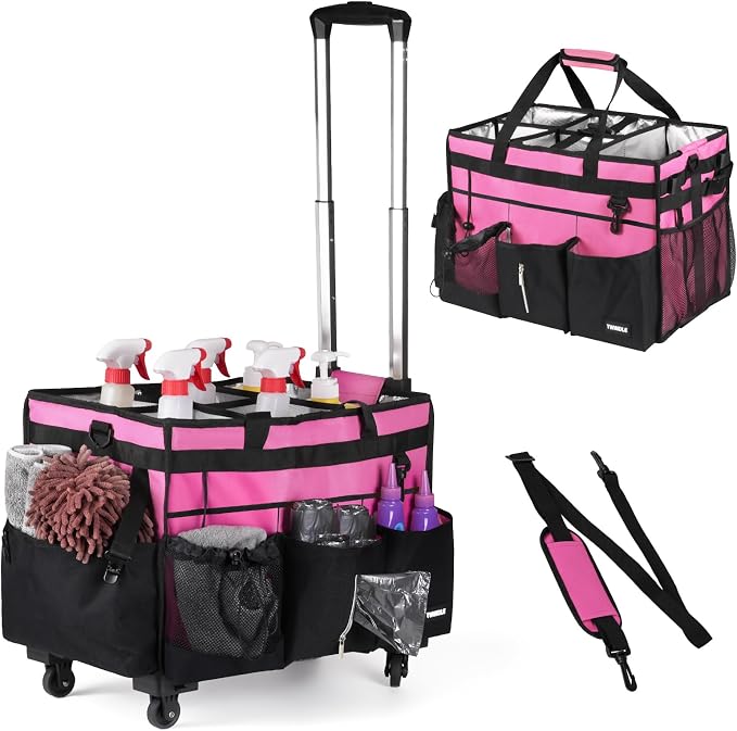 Extra-Large Rolling Cleaning Caddy with Wheels,Cleaning Caddy Bag with Detachable Trolley,Water Resistant Lining Cleaning Supply Organizer with Handle for Cleaners,Housekeepers