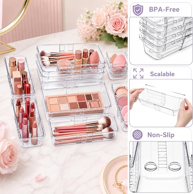 14 Pcs Clear Drawer Organizer, Adjustable Drawer Organizer, 3-Size Expandable Drawers Organizers for Makeup, Cosmetic, Kitchen Utensils, Bedroom Dressers, Tool Organizers for Gadgets