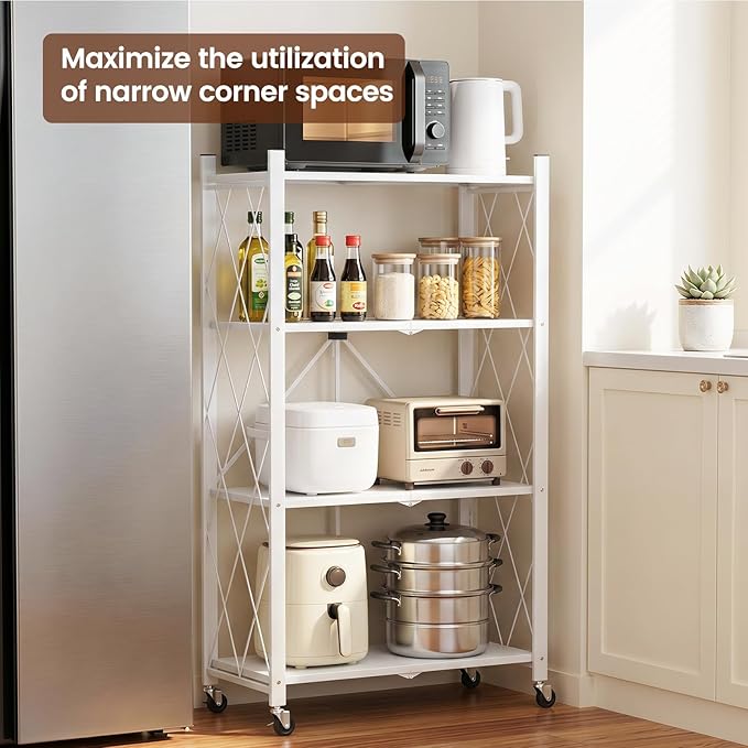 ALANNG 4 Tier Folding Storage Shelf on Wheels,Heavy Duty Metal Rolling Cart | 264 lbs Capacity, No Tools Assembly, Folds to 3.9", Lockable Casters, Portable for Kitchen Laundry Garage