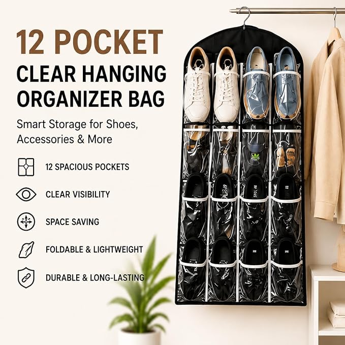 12 Pocket Clear Hanging Shoe & Accessory Organizer Bag - Closet Storage Solution for Shoes, Jewelry, Scarves, Belts & Small Accessories, Durable Space-Saving Design