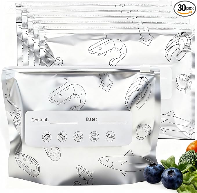 Aluminum Foil Food Storage Bags, Reusable Freezer Bags for Refrigerator, Stand Up Airtight Vacuum Sealer Bags, Heavy Duty Smell Proof Lock Freshness, Perfect for Meat, Vegetables (30, Medium)