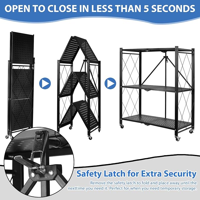3-Tier Foldable Storage Shelf with Wheels, Heavy Duty Metal Collapsible Shelving Unit, No Assembly Rolling Organizer Rack for Kitchen Pantry Closet Office