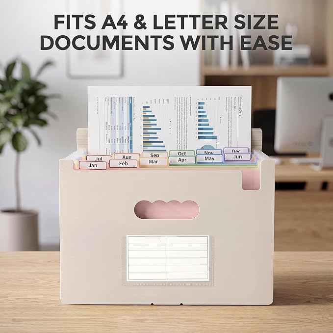 SKYDUE 13 Pocket Expanding File Folder, Accordion Document Organizer with Monthly Labels, A4 & Letter Size for Tax Records, Medical Files, Receipts, Home Office Brown