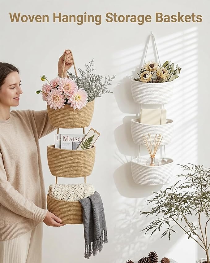 Over the Door Hanging Basket 3 Tier Woven Cotton Wall Mounted Storage Bag Boho Cottage Jute Baskets Kitchen Produce Organizer Vegetable Hang Wicker Closet Bathroom Decor Organizing Shelf(White)