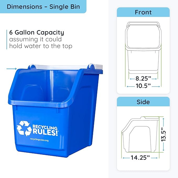 Recycling Rules! 6 Gallon Stackable Recycling Bin Container in Blue, Eco-Friendly BPA-Free Handy Recycler with Handle, 3-Pack