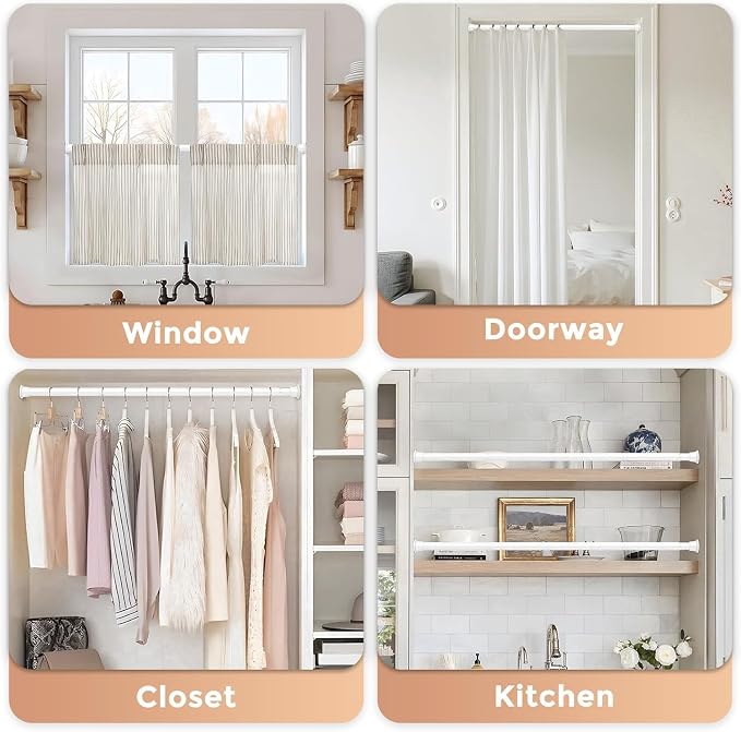 2 Pack Spring Tension Curtain Rods 16-36 Inches, Spring Loaded Curtain Rods No Drilling, Adjustable Expandable Tension Rod for Window Doorway Doorway Kitchen Curtain Bedroom Closet, White