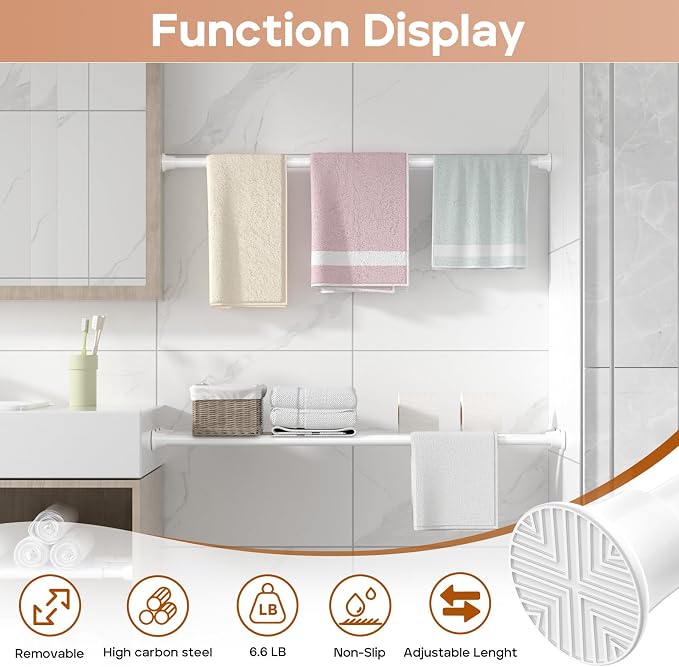 2 Pack Spring Tension Curtain Rods 31-76 Inches, Spring Loaded Curtain Rods No Drilling, Adjustable Expandable Tension Rod for Window Doorway Kitchen Curtain Bedroom Closet, White