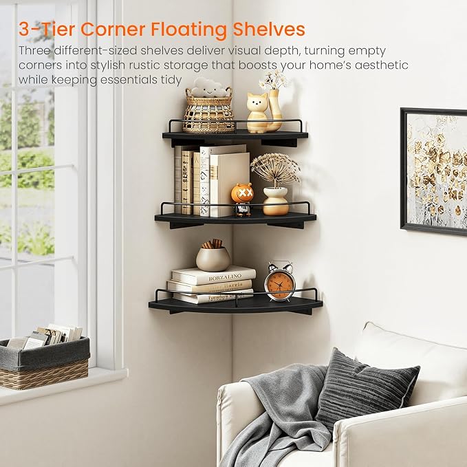 Homode 3 Tier Corner Floating Shelves, Wooden Corner Shelf Wall Mount 9/10/12 Inch with Guardrail, Rounded Hanging Corner Wall Storage Shelving for Bedroom Bathroom Kitchen Office, Black