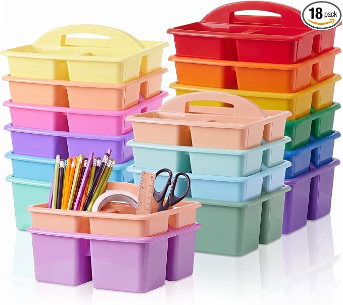 Kathfly 18 Pack Classroom Caddy Organizer with Handle, Plastic Art Craft Cleaning Caddy Bulk, Small Multipurpose Supply Organization Storage Basket for Table Desk Office Pencil Teacher (Mixed Color 2)
