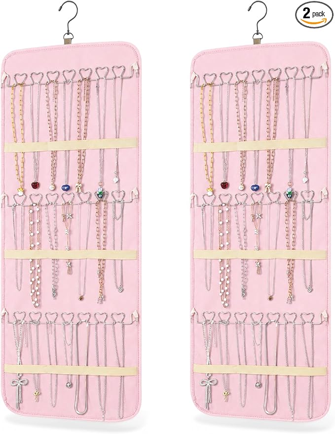 2 Pack Hanging Jewelry Organizer Storage with 48 Pockets and Hooks Dual-Sided Hanging Jewelry Organizers and Storage Hang on Closet, Wall, Door for Earrings, Necklaces, Rings,Pink