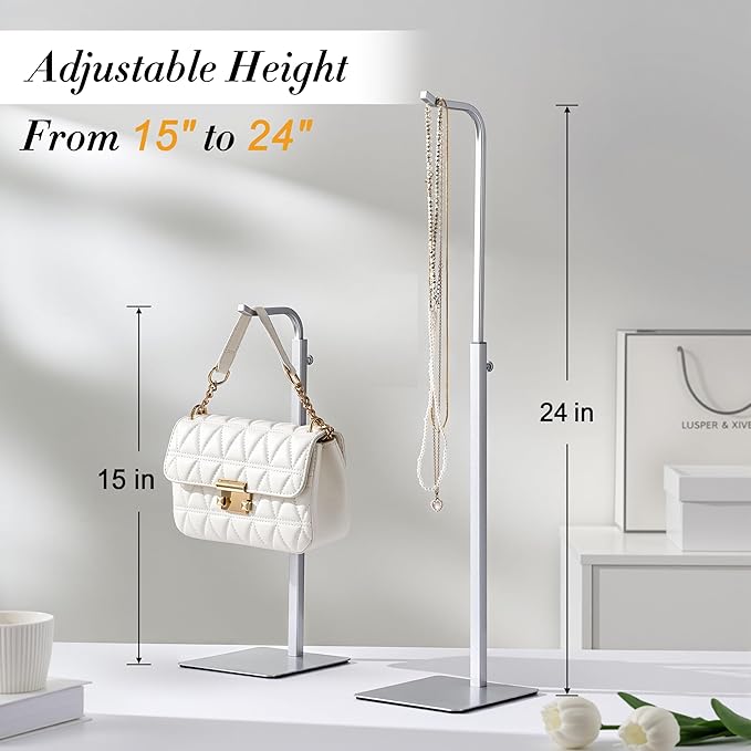 2 Pack Purse Holder Handbag Display Stand: Silver Hanger Rack for Bags, Purses, and Wreath, Adjustable Hook Stand for Tabletop, Closet, and Retail Use for Vendors