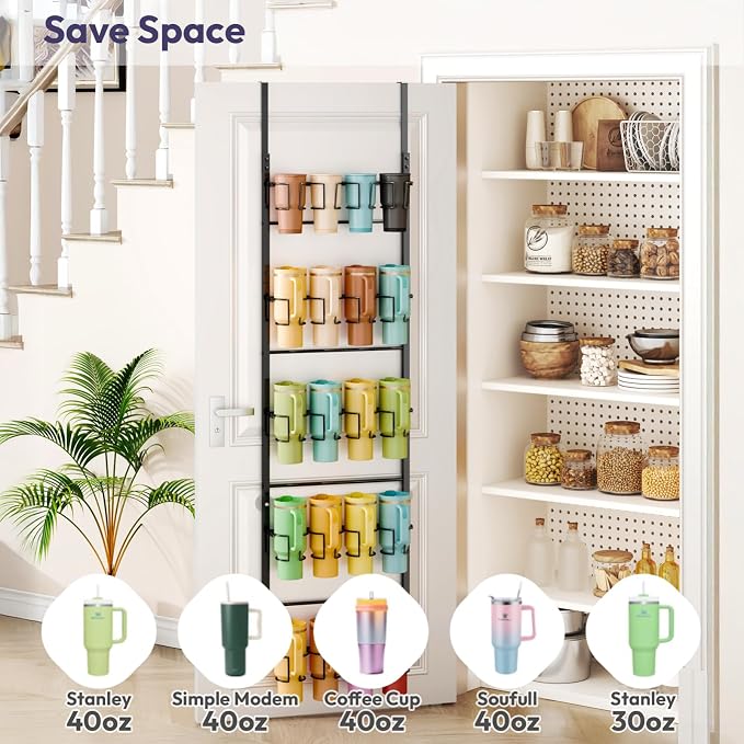 SWTYMIKI 5-Tier Water Bottle Organizer – Over the Door Stanley Cup Holder, Cup Organizer for Door or Wall Mount Option, Stanley Accessories for Pantry, Dorm, Office, RV Use, Black