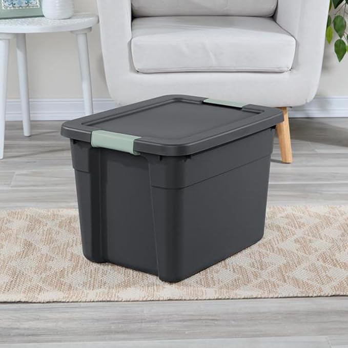 Sterilite 24 Pack Latch Tote, Stackable Plastic Storage Container, 12 Gallon, Gray/Green