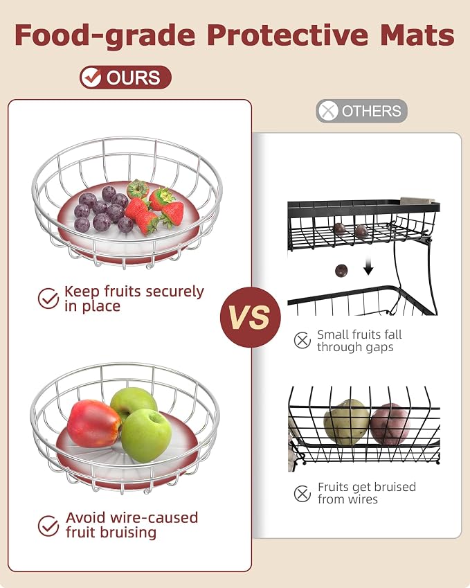 Sevenblue 2 Tier Modern Fruit Basket for Kitchen Counter, Silvery | Space-Saving Vertical Storage for Veggies, Bread, Snacks, Fits Under Cabinets, includes 2 banana hooks and protective mats