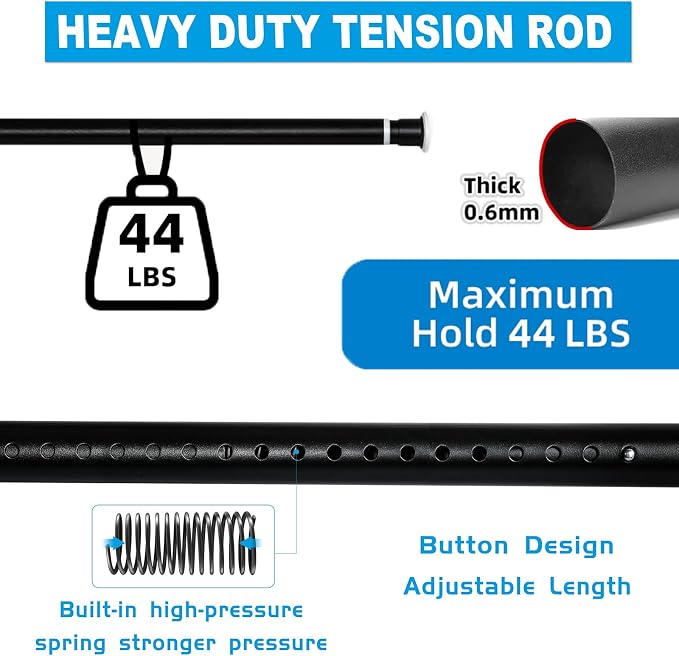 Large Long Tension Curtain Rod 43-162 in (3.6-13.5 ft) | 1.26" Diameter, Spring Adjustable Heavy Duty Curtains Pole for Windows Door Bathroom Patio Outdoor No Drilling, Black