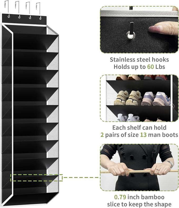 KEEPJOY 10 Tiers Mesh Over Door Shoe Organizer Storage, Hanging Shoe Holder for Door with Large Deep Pockets, Fit 20-30 Pairs Shoe Rack for Sneakers, Boots(Black)
