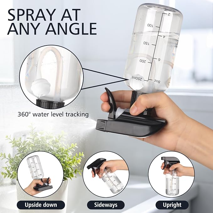 360° Spray Bottles 2 Pack 10oz Plastic Water Sprayer Small Squirt Bottle | Empty Water Spray Bottle Fine Mist Upside Down Containers with Adjustable Nozzle BPA Free for Hair Cleaning Cooking Plant Pet