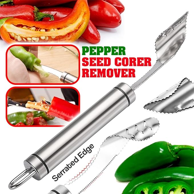 Pepper Seed Corer Remover with Cleaning Cloth, 304 Stainless Steel Fruit Seed Remover with Serrated Teeth, Jalapeno Pepper Corer Tool Chili Deseeder, Essential Kitchen Gadgets (1pcs)