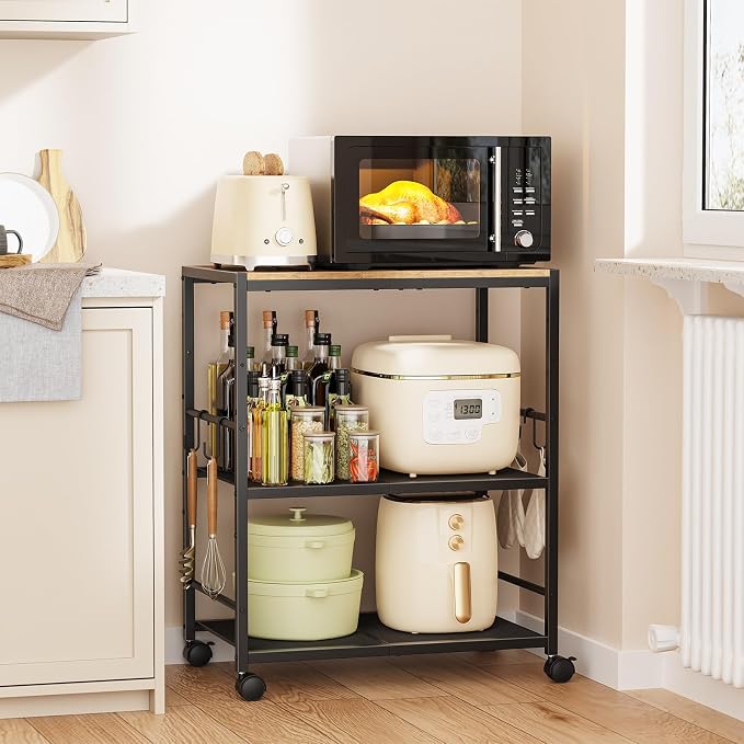 3-Tier Microwave Stand, Kitchen Microwave Cart with Adjustable Shelf | Rolling Kitchen Storage Cart on Lockable Wheels, Coffee Cart Shelf Rack Organizer for Kitchen, Living Room, Rustic Brown