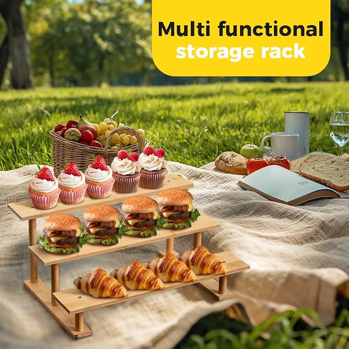 CROISSANT Bamboo and Wood 3 Tier Cupcake Stand, Food Display Risers for Party , Statues and Lego Displays, Cologne Stand, Perfume Display Stand （3 Tier，2Pack）