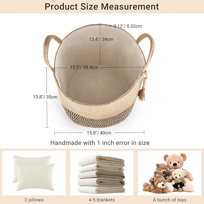 Mkono Woven Storage Basket Decorative Rope Basket Wooden Bead Decoration for Blankets,Toys,Clothes,Shoes,Plant Organizer Bin with Handles Living Room Home Decor, Yellow and Black, 16" W × 13.8"