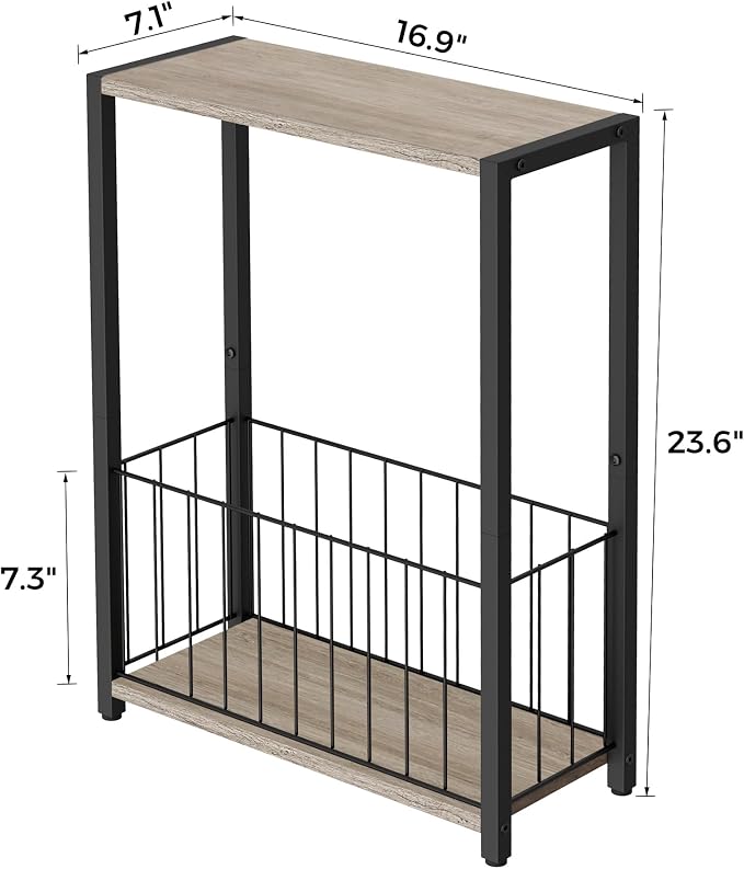 Homleke Narrow Side Tables Set of 2 with Magazine Holder, Skinny End Tables | Space-Saving Design, Small Spaces, Storage Shelf, Metal Frame, Easy Assembly, 7.1" D x 16.9" W x 23.6" H, Greige