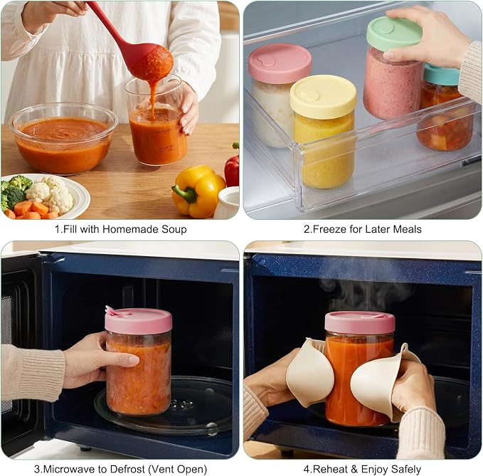4-Pack Glass Soup Freezer Containers with Vented Silicone Lids, 24oz High Borosilicate Meal Prep Jars, Leakproof Microwave and Dishwasher Safe Food Storage Set for Stew, Sauce, Home and Office