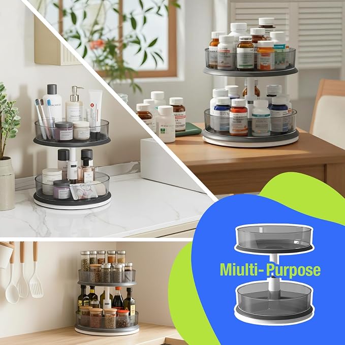 Lazy Susan Organizer for Medicine 2 Tier Pill Bottle Turntable | Clear Grey, 11 Inch, for Vitamin, for Cabinet, for Pantry, with Large Spice Rack