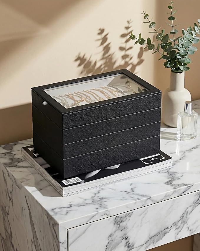 4-Layer Stackable Jewelry Organizer Trays with Tempered Glass Lid, Black PU Leather Jewelry Drawer Inserts Display Case, Large Anti-Tarnish Storage Box for Earring Necklace Ring Sunglasses