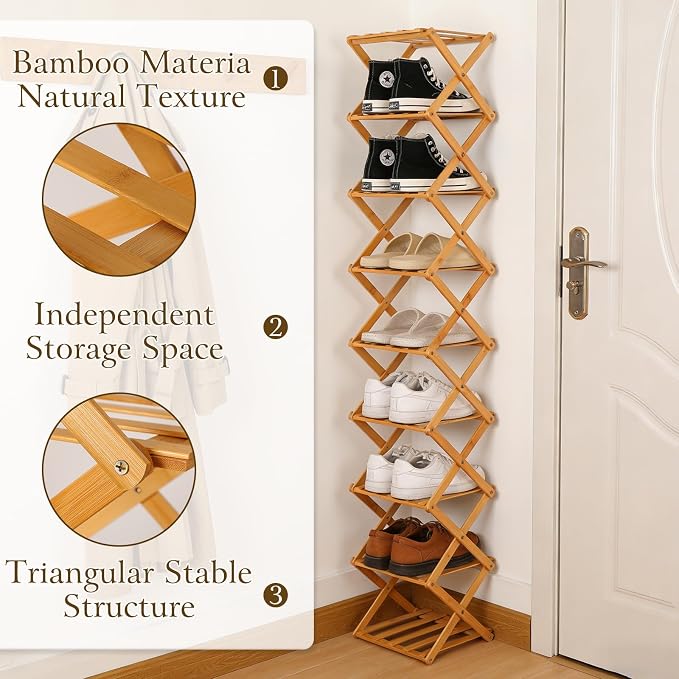 Foldable Shoe Rack, Tier No-Assembly Bamboo Rack, 2026 New Portable Bamboo Corner Shoe Rack, Multifunctional Narrow Shoe Shelf for Entryway, Closet, Corner, Bedroom (4 Layers)