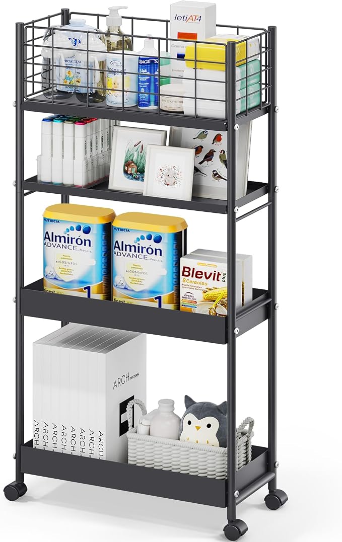 KINGRACK Slim Rolling Storage Cart 4 Tier - Heavy Duty Metal Utility Cart with Raised Edge & Wheels, Narrow Mobile Organizer Shelves for Bathroom, Kitchen, Laundry, Office, Living Room, Black