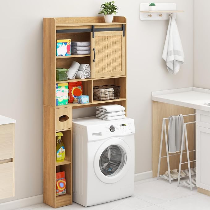 Vabches Over The Toilet Storage Cabinet with Sliding Barn Door. Rattan Oak | Farmhouse Storage Cabinet with Toilet Paper Holder Stand, Home Space-Saving Toilet Rack, for Bathroom, Restroom, Laundry