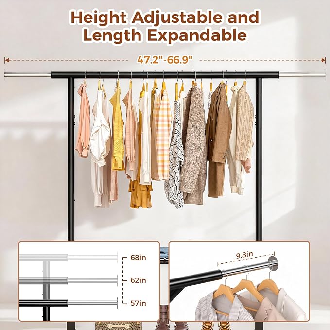 Luxspire Double Rod Clothing Racks for Hanging Clothes Load 650 LBS, Black | Zinc-iron alloy frame, 2-tier sturdy shelves, lockable silent wheels, adjustable extendable rods for bedroom & laundry room