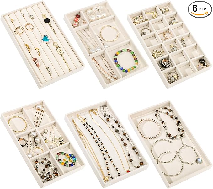Dntorx Stackable Jewelry Organizer Trays, 6 Set of Velvet Jewelry Drawer Insert Sets Organizer Trays Jewelry Display Case Storage with Removable Dividers for Earring Necklace Rings Bracelet（Beige）
