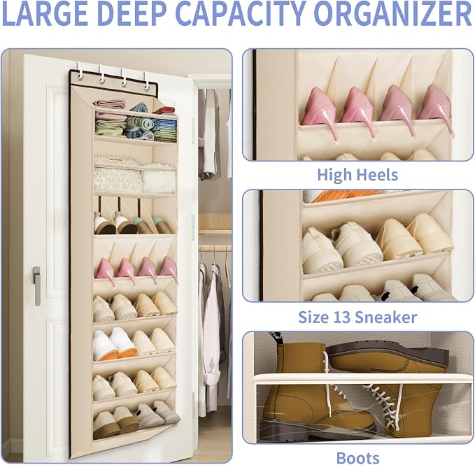 FENTEC 1 Pack Over The Door Shoe Organizer, 68" Exlarge Deep Pockets Hanging Shoe Organizers, 8-Tier Shoe Rack for Closet, Shoe Holder for Boots,Over Door Organizer in Home, RV, Dorm, Beige