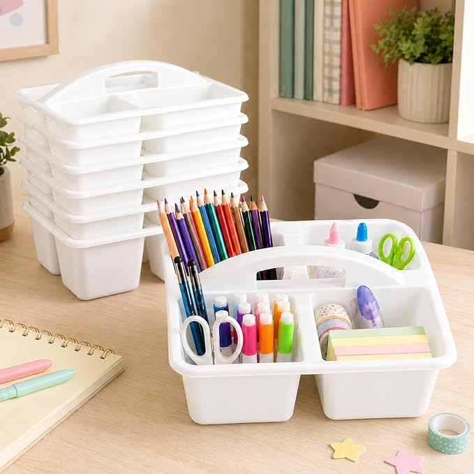 gisgfim 6 Pack Plastic Classroom Caddy with 4-Compartments Plastic Storage Caddies with Handle 4 Compartments Table Caddy Organizer Versatile Table Caddies for Classroom Office, White