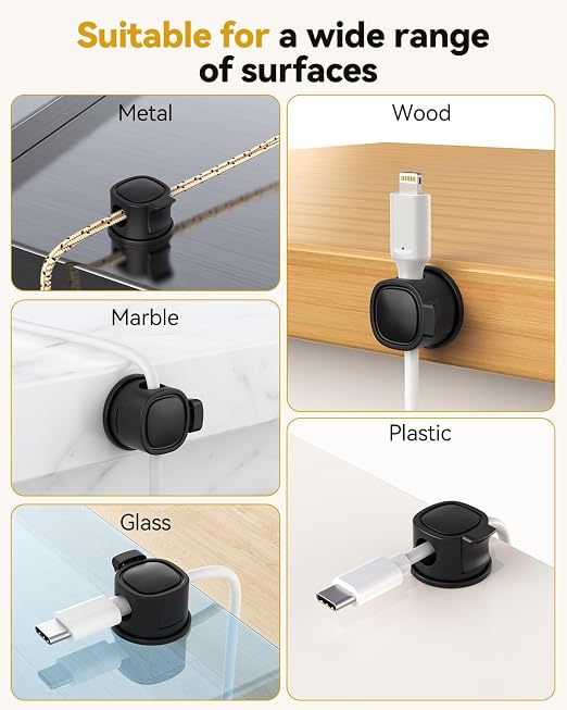 INCHOR Rotatable Cord Organizer 6Pack, Spring Cable Clips With Clasp Lock, No-Residue Adhesive Cable Organizer, Cord Holder for Nightstand Car Home Office (Black)