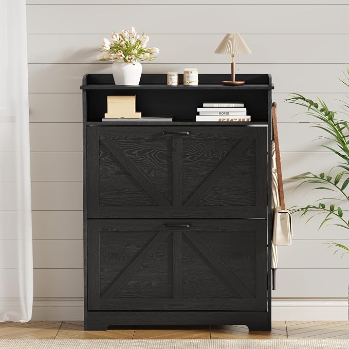 Shoe Cabinet with 2 Flip Drawers, Farmhouse Narrow Shoe Cabinet Organizer with 2 Adjustable Shelves & 2 Hooks, Shoe Rack for Entryway, Foyer, Hallway, Black, 31.5" W x 8.7" D x 41.7" H