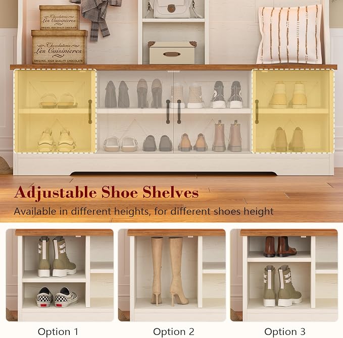 CSZZD Hall Tree with Bench and Shoe Storage, Farmhouse Entryway Bench with Coat Racks and Led Lights, Large Hall Tree with 12 Coat Hooks, 8 Storage Cubbies, Adjustable Shelf