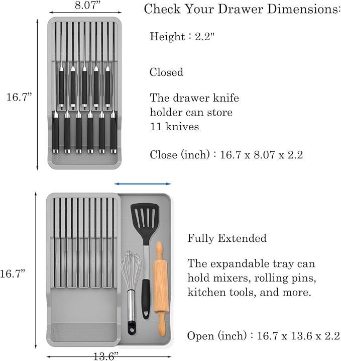 Drawer Knife Organizer Insert with Expandable Tray Fit 11 Knives | Adjustable Plastic Knife Storage Tray Hold Kitchen Tool, BPA-Free, Ventilated, Space-Saving, Easy to Clean